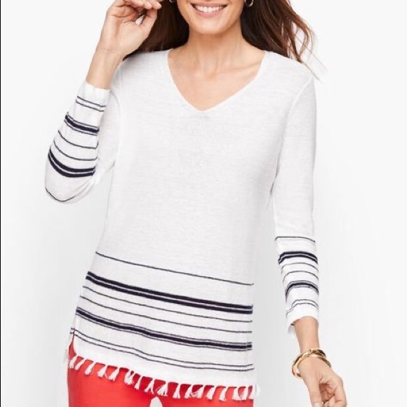 Talbots | Linen Tassel Trim Sweater Striped 3/4 Sleeve Size M Petite - Picture 2 of 10